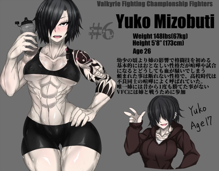 1girls black_hair bra brown_eyes character_profile character_sheet eyebrow_piercing hair_over_eyes japanese japanese_text long_hair muscular muscular_arms muscular_female muscular_legs muscular_thighs original pale_skin panties piercing short_hair smile sweat sweater tattoo text translation_request water_bottle wet yuko_mizobuti_(zokusuke) zokusuke