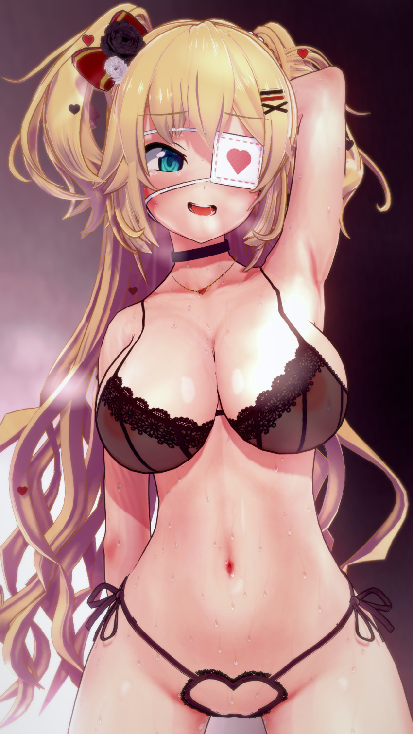 akai_haato belly_button big_breasts blonde_hair blue_eyes bra eyepatch hololive hololive_gen_1 hololive_japan koikatsu light-skinned_female lingerie long_hair pussy sweat uncensored virtual_youtuber wanwan_(artist)