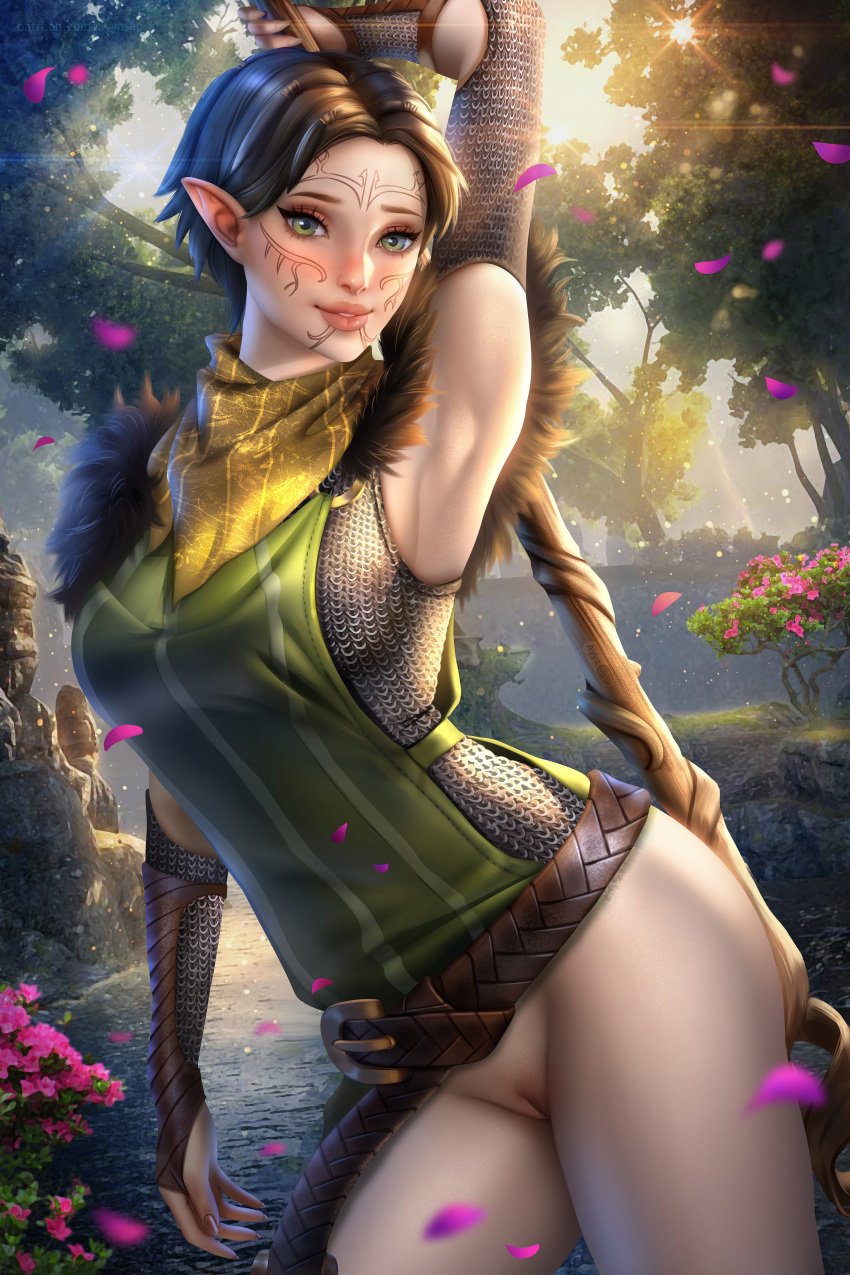 1girls ayyasap bioware bottomless brown_hair dragon_age dragon_age_2 elf green_eyes looking_at_viewer merrill_(dragon_age) no_panties pointy_ears pussy realistic shaved_pussy short_hair skinny vagina