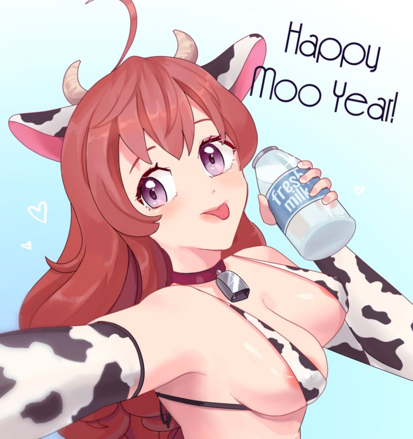 1girls areola_slip areolae bell bell_collar bikini breasts choker cleavage cow_ears cow_girl cow_horns cow_print elbow_gloves female female_only illuna_(renalucent) long_hair looking_at_viewer milk milk_bottle original original_character purple_eyes red_hair renalucent selfie solo tongue_out year_of_the_cow