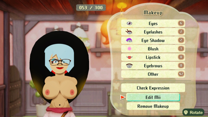 1girls big_breasts breasts bruh_amogussussus character_creator character_customization cyan_eyes cyan_hair eyeshadow female female_only game_screenshot glasses hair_over_one_eye light-skinned_female light_skin lips lipstick makeup mii miitopia naked nintendo nipples nude red_lipstick self_upload short_hair solo tagme