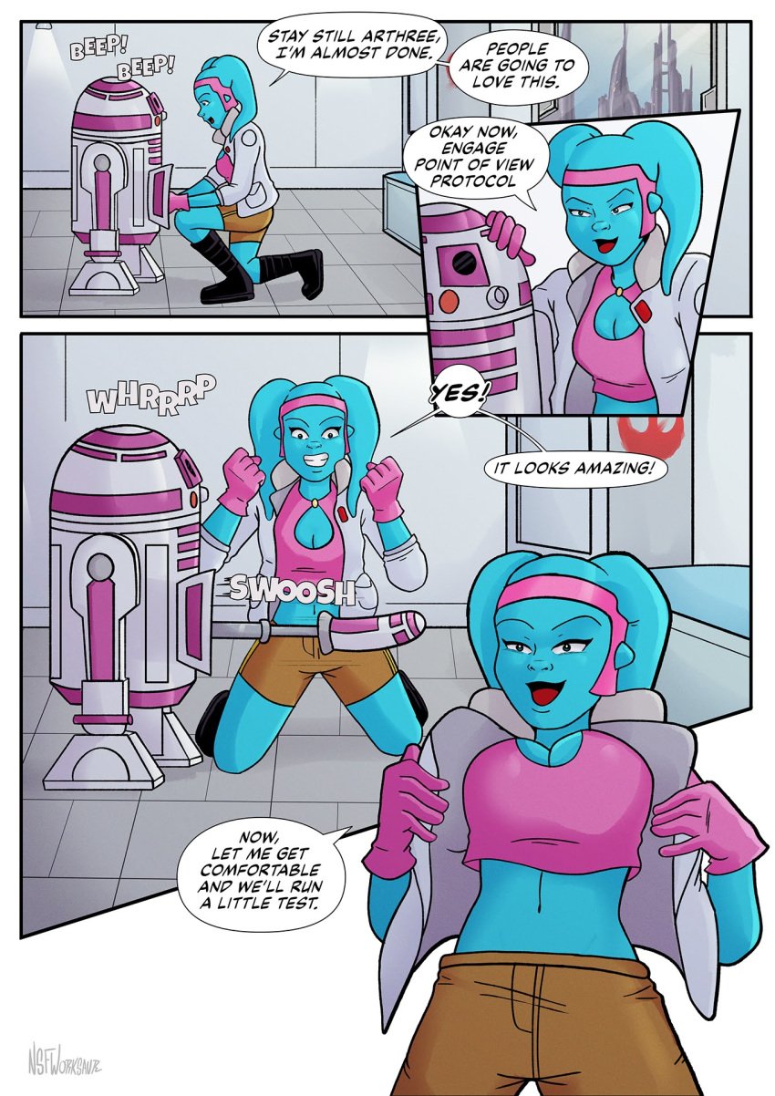 alien astromech_droid blue_skin comic dildo jacket no_humans nsfworksaur pink_bra robot shorts sports_bra star_wars twi'lek