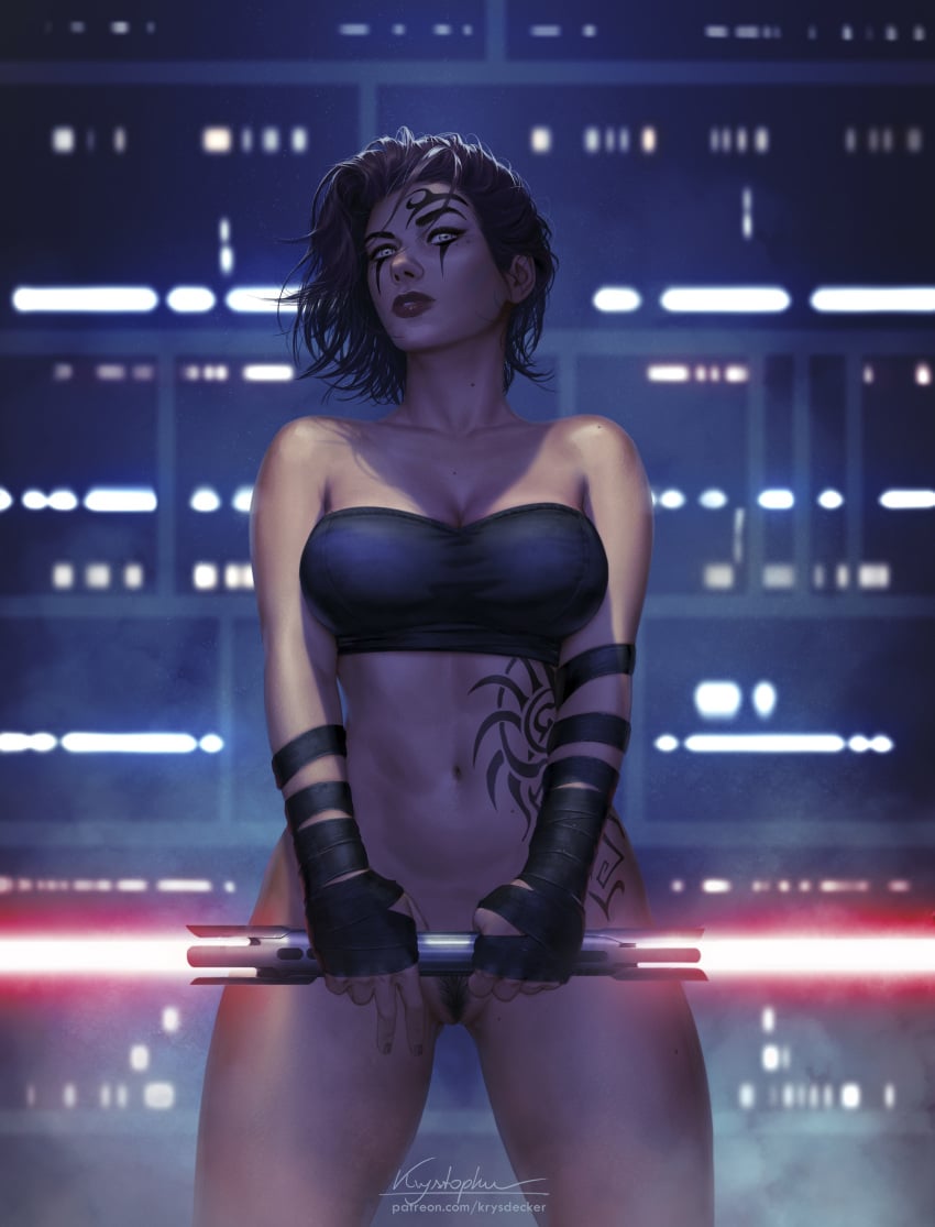 black_hair bottomless casual female human krysdecker lightsaber maya_(krysdecker) oc original original_character pubic_hair pussy sith star_wars tattoo vagina weapon