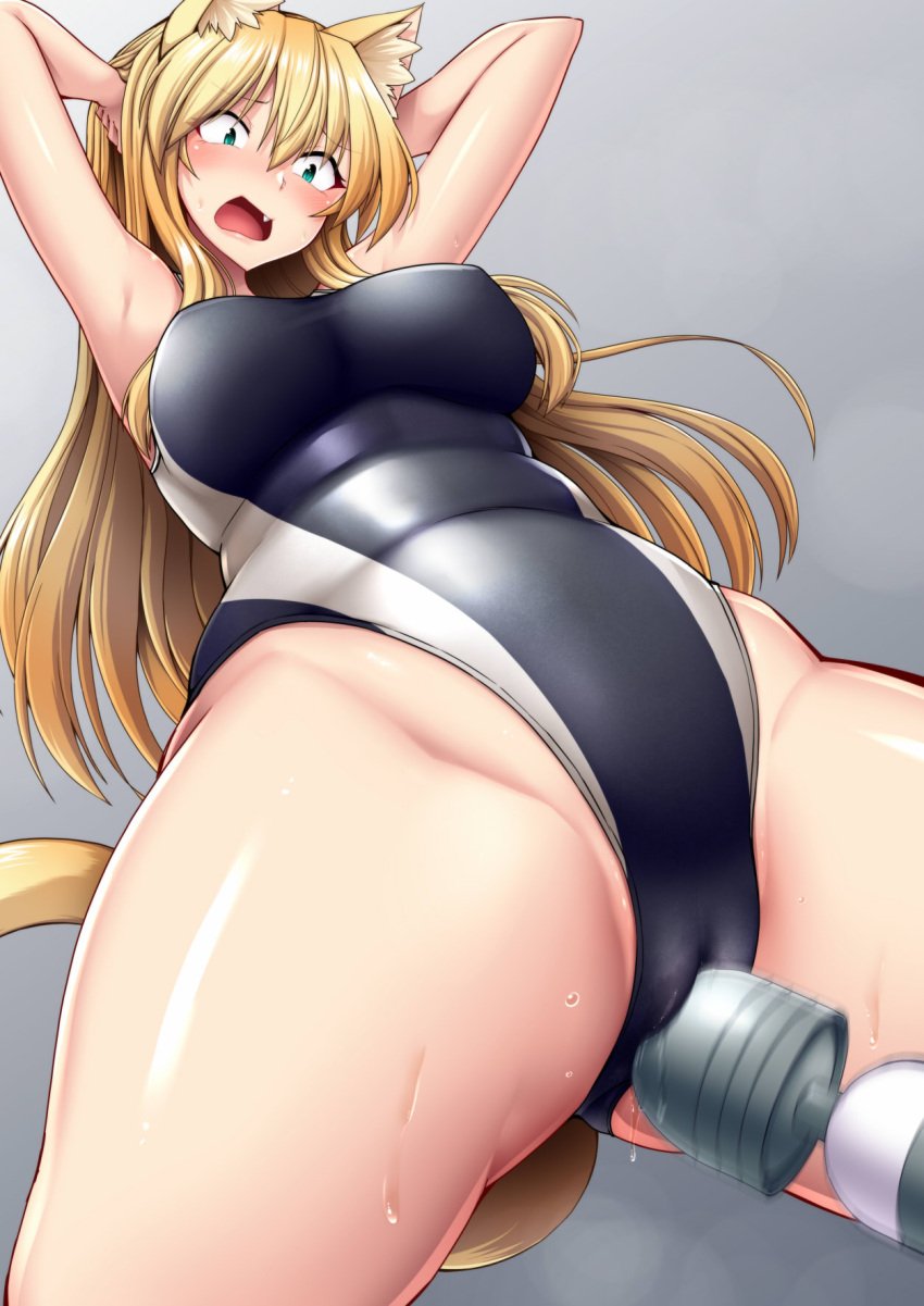 animal_ears arms_behind_head arms_up big_breasts blonde blonde_hair blush blushing breasts cameltoe cat_ears cat_girl cat_humanoid cat_tail catgirl fangs green_eyes hand_behind_head hand_on_head hands_behind_head hands_on_head hitachi_magic_wand looking_at_viewer looking_down nekomimi nokoppa one-piece_swimsuit original pussy pussy_juice pussy_juice_drip standing sweat swimsuit swimwear tagme vibrator wet wet_pussy wet_swimsuit