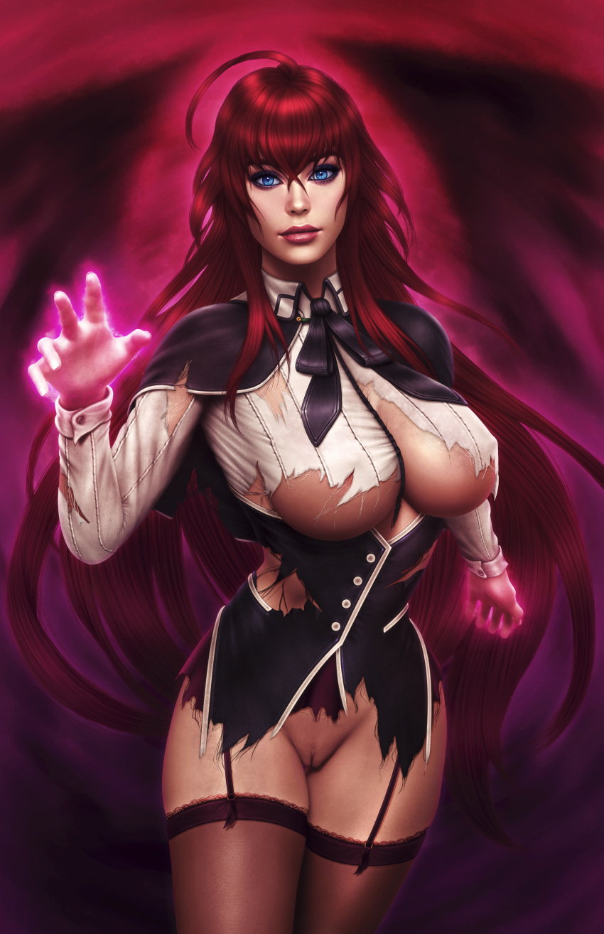 blue_eyes bottomless high_school_dxd looking_at_viewer martaino pussy red_hair rias_gremory shaved_pussy torn_clothes vagina