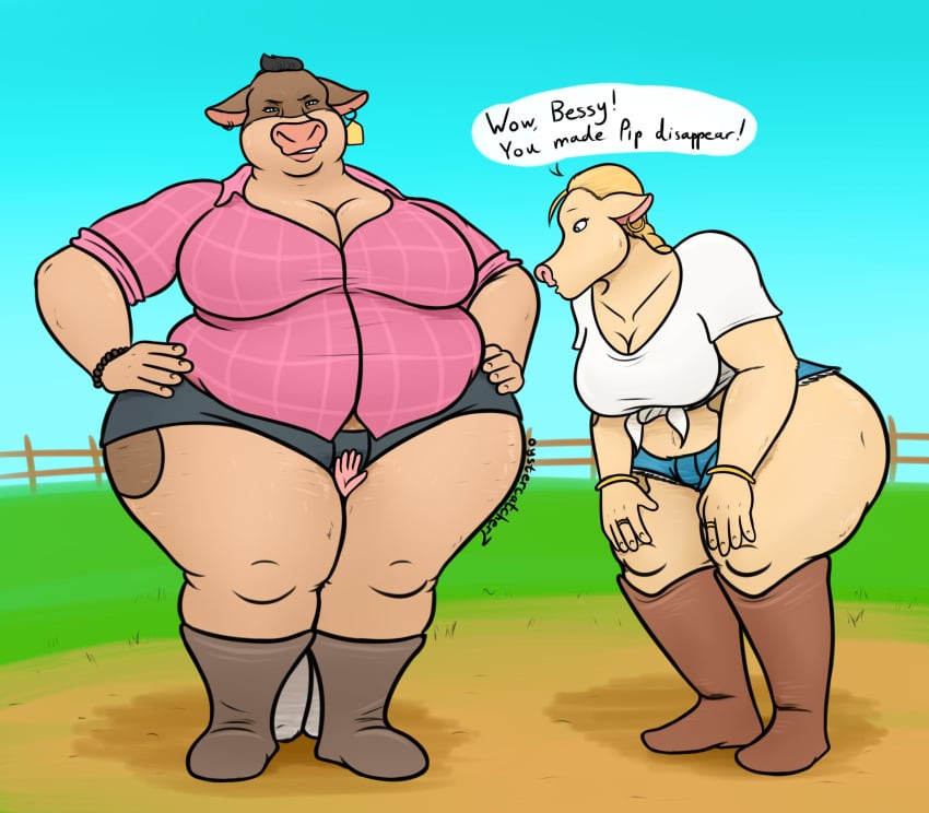 1boy 2girls abby_(back_at_the_barnyard) anthro ass back_at_the_barnyard belly bessy_(back_at_the_barnyard) big_belly big_breasts big_butt blonde_hair bovid bovine breasts brown_body brown_fur clothed clothing digital_media_(artwork) duo ear_piercing ear_ring english_text female female_on_top fence fur green_eyes hair hi_res larger_female male mammal nickelodeon nude obese obese_anthro obese_female on_top overweight overweight_anthro overweight_female oystercatcher7 piercing pip_(back_at_the_barnyard) presenting sandwiched simple_background size_difference smaller_male solo text thick_thighs topwear unseen_male_face wide_hips