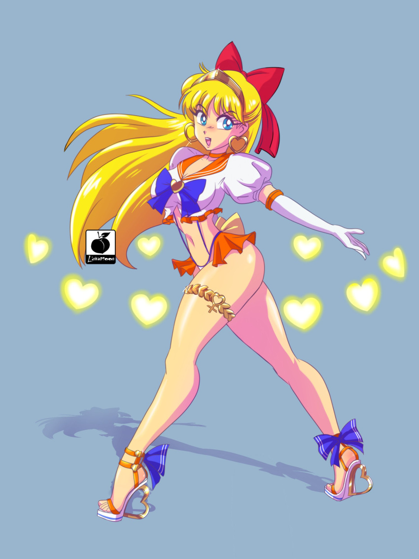 1girls adapted_costume ass bishoujo_senshi_sailor_moon blonde_hair blue_eyes bow clothing earrings female female_only heart_heels high_heels linkartoon medium_breasts minako_aino open_toe_shoes revealing_clothes sailor_venus solo very_high_heels wedge_heels