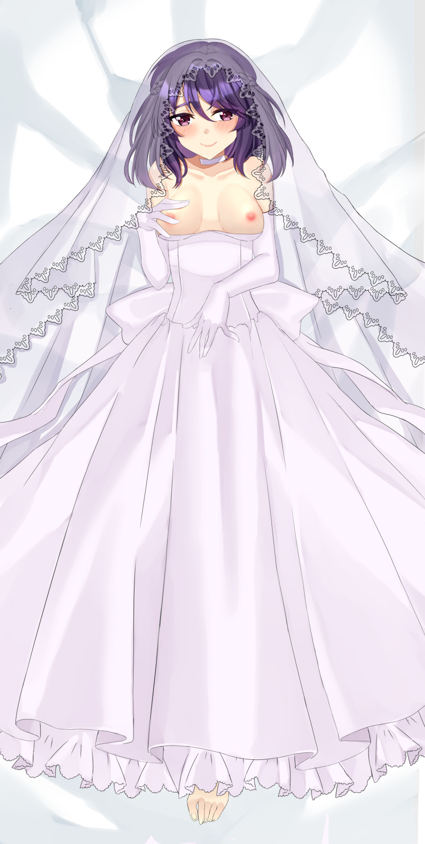 1girls areolae barefoot blush braid breasts bridal_veil dakimakura dakimakura_(medium) dakimakura_design elbow_gloves fault_milestone female hand_on_breast hand_on_own_chest lace looking_at_viewer nipples purple_eyes purple_hair ritona_reighnvhasta solo veil wedding_dress wedding_veil white_dress white_gloves