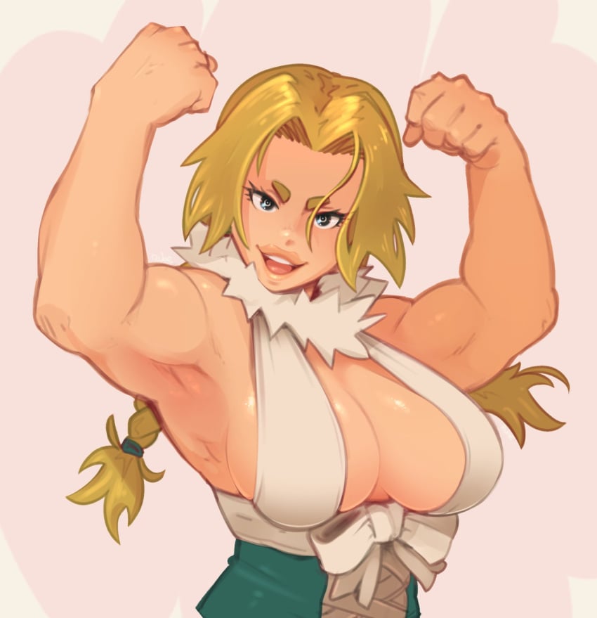 armpits arms_up blonde_hair blue_eyes breasts breasts_out choker commentary dr.stone dress english_commentary eyelashes female hanada_nikki highres justrube large_breasts medium_hair muscular muscular_female nikki_(dr.stone) nipples no_bra rube solo standing sweat thick_lips thighs