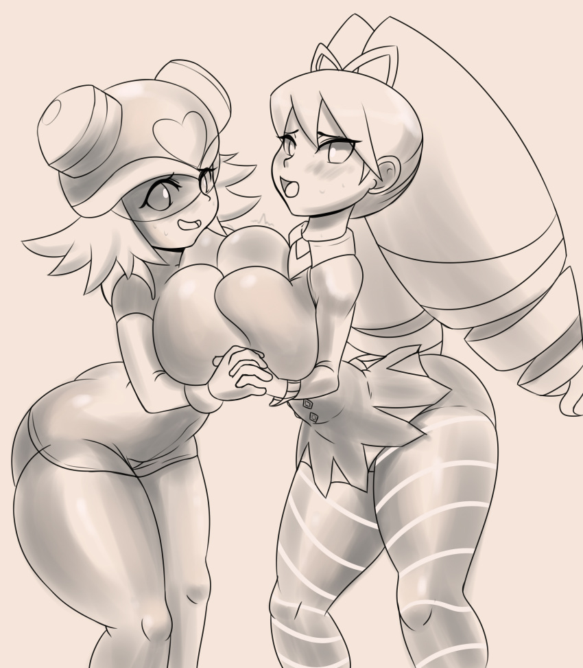 2girls ass big_breasts blush breast_to_breast breasts breasts_touching busty drill_hair female female/female female_only harp_note headgear helmet ichduhernz long_hair looking_at_viewer luna_platz mega_man mega_man_star_force monochrome motion_lines mouth_open open_smile short_hair smile sonia_strumm tagme thick_thighs thighs twin_drills twintails yuri