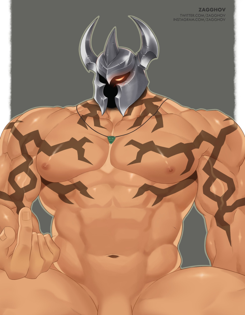 1boy abs bara beefy big_arms big_hands blush censored convenient_censoring dick_root helmet inviting league_of_legends legs_apart legs_spread looking_at_viewer male male_nipples male_only manly mordekaiser muscles muscular_back muscular_male necklace obscured_face pecs pentakill_mordekaiser pentakill_series riot_games shaved_crotch shaved_pussy shiny_skin sitting smooth_skinned_male solo tattoos thick_thighs zagghov