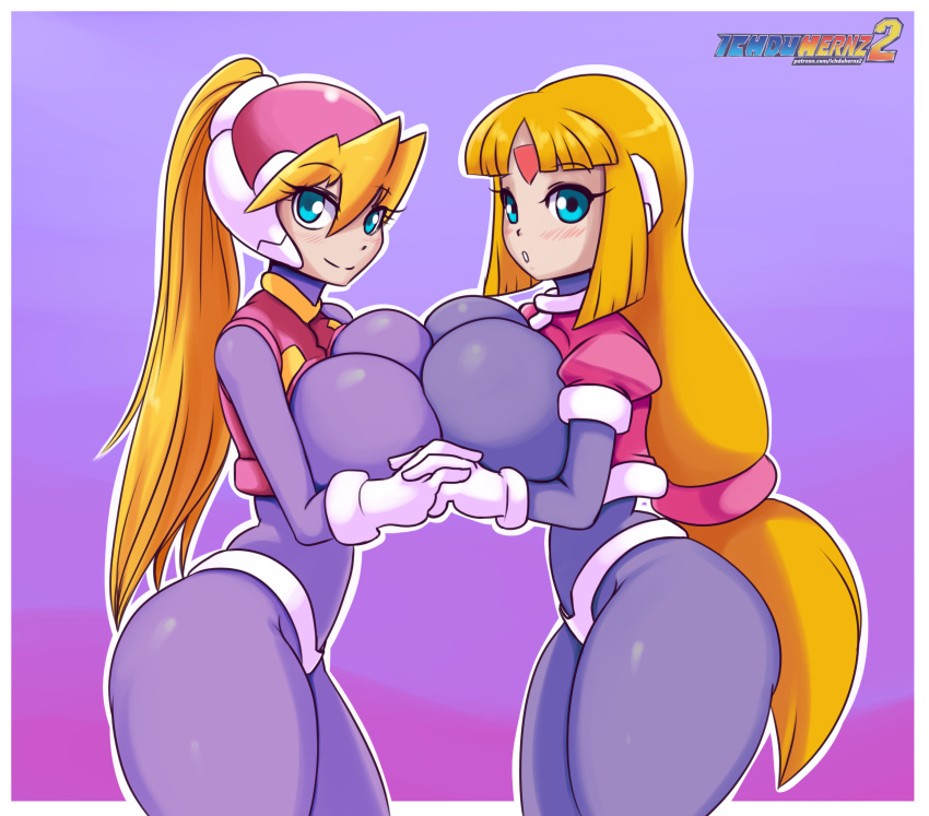 2girls big_breasts blonde_hair blue_eyes blush blushing breast_press breast_to_breast breasts capcom ciel_(mega_man) eyebrows eyebrows_visible_through_hair eyelashes female female/female female_only hair hand_grab hand_holding hips hourglass_figure huge_breasts human humanoid ichduhernz large_breasts light-skinned_female long_hair looking_at_viewer mega_man mega_man_zero mega_man_zx prairie purple_background reploid robot robot_girl robot_humanoid seductive seductive_eyes seductive_look seductive_smile side_view simple_background smile smiling smiling_at_viewer standing tagme text thick thick_thighs thighs thin_waist very_long_hair voluptuous watermark wide_hips yuri