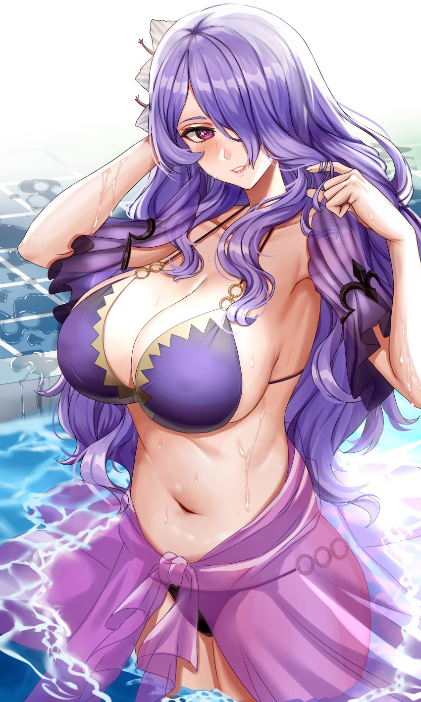 1girls 2021 alternate_costume arms_up bangs bare_midriff belly big_breasts big_sister bikini black_bikini black_bikini_bottom black_bottomwear black_swimsuit blush blushing breasts camilla_(fire_emblem) camilla_(summer)_(fire_emblem) child_bearing_hips chubby chubby_female cleavage collarbone curvaceous curvy curvy_female curvy_figure detached_sleeves elegant female female_focus female_only fire_emblem fire_emblem_fates fire_emblem_heroes flower flower_in_hair hair_flower hair_ornament hair_over_eye hair_over_one_eye hand_in_hair hi_res highres hips hourglass_figure huge_breasts human human_only large_breasts long_hair mature mature_female mature_woman milf mommy_kink navel nintendo o-ring one_eye_covered one_eye_obstructed pareo parted_lips piukute062 pool princess purple_bikini purple_bikini_top purple_eyes purple_hair purple_swimsuit purple_topwear royalty sarong see-through see-through_clothing slightly_chubby smile smiling solo solo_female stomach swimsuit thick thick_hips thick_thighs thighs wading water wavy_hair wet wet_body wide_hips