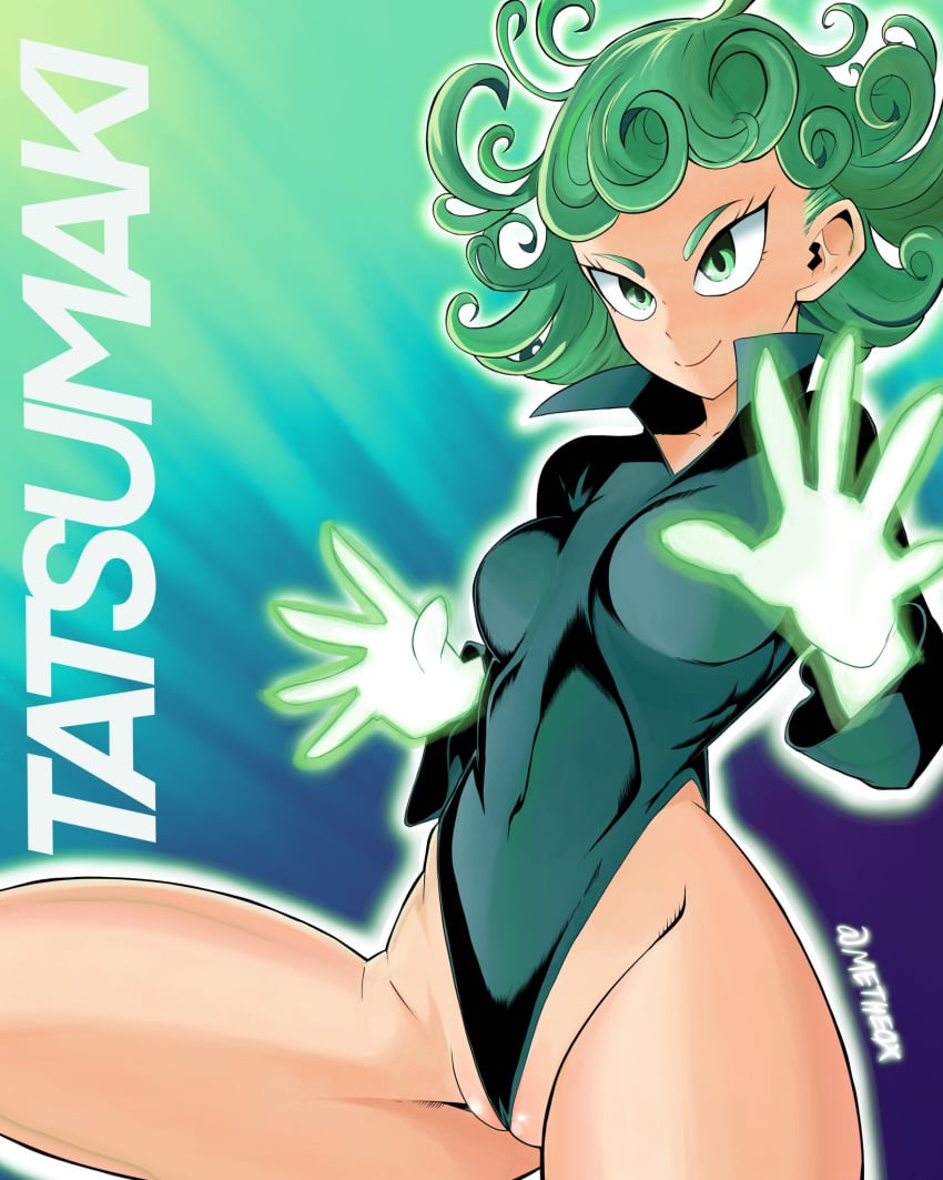 1girls female female_only green_eyes green_hair leotard metheox one-punch_man partially_visible_vulva solo standing tagme tatsumaki thighs tight_clothes wedgie