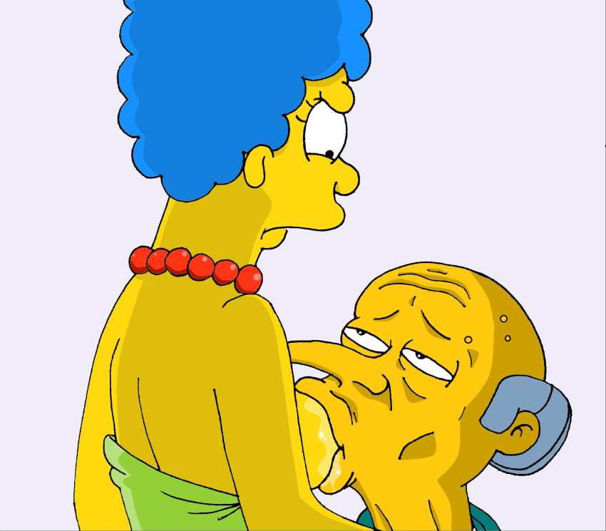 angry blue_hair breast_sucking cheating_wife disgusted dress dress_pull green_dress marge_simpson milf montgomery_burns netorare old_man older_male pleasure_face saliva_on_breasts the_simpsons ugly_bastard ugly_man