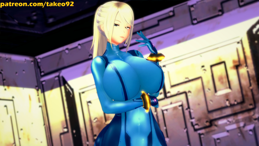 1girls 3d 3d_(artwork) alternate_breast_size beauty_mark big_breasts blonde_hair blue_eyes bodysuit breasts clothed curvaceous curvy erect_nipples female female_focus female_only half-closed_eyes hourglass_figure huge_breasts koikatsu large_breasts looking_at_viewer metroid nipples_visible_through_clothing patreon ponytail revealing_clothes samus_aran seductive seductive_look seductive_smile smile smug solo standing takeo92 text tight_clothing wide_hips zero_suit zero_suit_samus