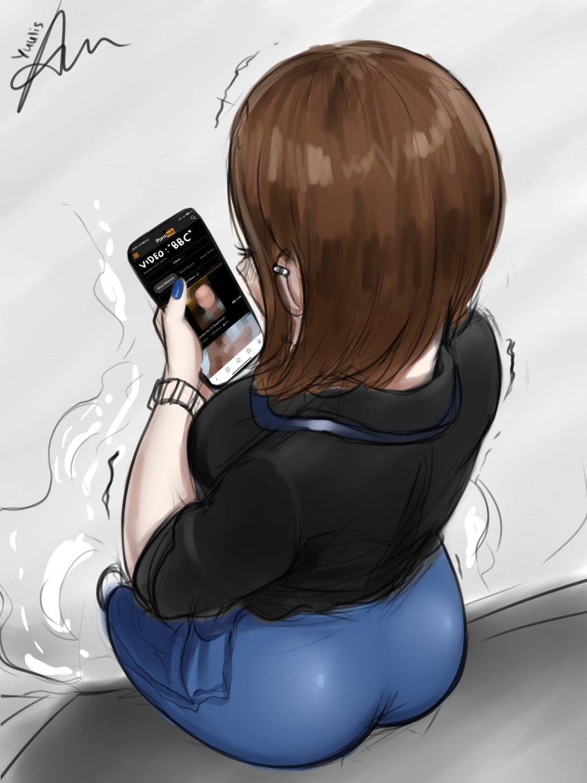 ass brown_hair dark-skinned_male ear_piercing female fully_clothed interracial light-skinned_female painted_nails phone pornhub samsung samsung_sam sketch watching_porn yuulis