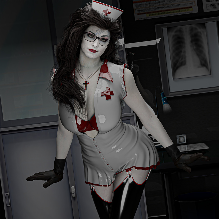 1girls 3d 3d_(artwork) alcina_dimitrescu black_gloves black_hair black_latex_thighhighs blender blender_(software) breasts busty capcom cg cleavage cross_necklace female female_only garter_straps glasses gloves large_breasts latex_bra latex_clothing latex_thighhighs long_hair looking_at_viewer milf nurse nurse_cap nurse_uniform pale-skinned_female pale_skin red_latex resident_evil resident_evil_8:_village solo white_latex xzcrystal3d