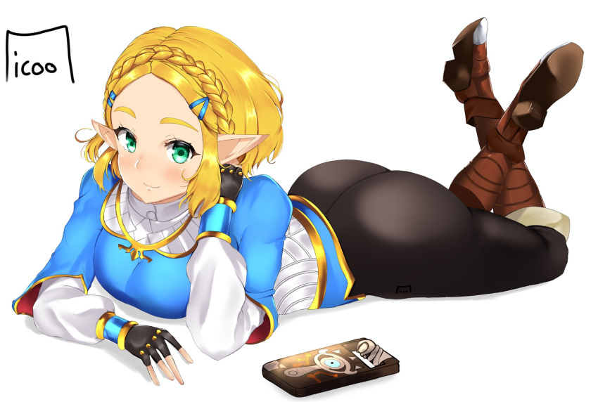 1girls black_bottomwear blue_topwear blush blushing boots braided_hair breath_of_the_wild bubble_butt fingerless_gloves fully_clothed green_hair hylian icoo laying_down laying_on_stomach looking_at_viewer nintendo pointy_ears princess princess_zelda sheikah_slate short_hair skin_tight smile smiling solo_female tagme tears_of_the_kingdom the_legend_of_zelda white_background zelda_(tears_of_the_kingdom)