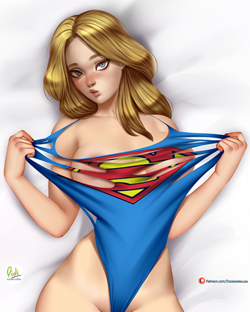 2d blonde_hair blue_eyes cute dc dc_comics didi_esmeralda drawn duck_face kara_danvers kara_zor-el looking_at_viewer naughty_face pink_lipstick pink_nipples pov supergirl superman_(series) tearing_clothes tearing_off_own_clothes thick_thighs wide_hips