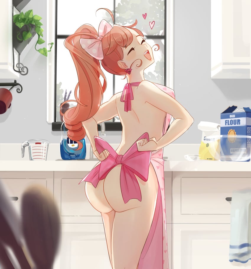 1girls apron apron_only ass back_view big_ass closed_eyes cute earrings female female_only hairbow illuna_(renalucent) kitchen laugh long_hair naked_apron open_mouth original original_character pink_apron pink_clothing ponytail red_hair renalucent smile solo tied_hair