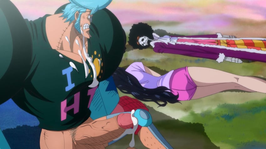 balls blue_hair bottomless brook_(one_piece) cock_edit cock_piece cum cum_drip cum_string drawfag drawthread_request edit edited erection female franky genitals male male_only nico_robin one_piece penis post-timeskip retracted_foreskin screencap screenshot screenshot_edit uncut