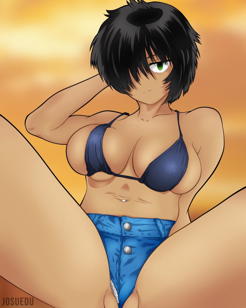 beach big_breasts bikini dark_skin green_eyes jean_shorts jeans josuedu large_breasts nazo_no_kanojo_x pale_skin puffy_vulva pussy_wedgie short_hair side_view sideboob tan tanline urabe_mikoto