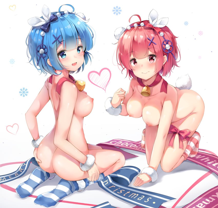 2girls ass blue_eyes blue_hair breasts chintora0201 eyes eyes_open female female_only females females_only hair multiple_girls nipples pink_eyes pink_hair ram_(re:zero) re:zero_kara_hajimeru_isekai_seikatsu rem_(re:zero)