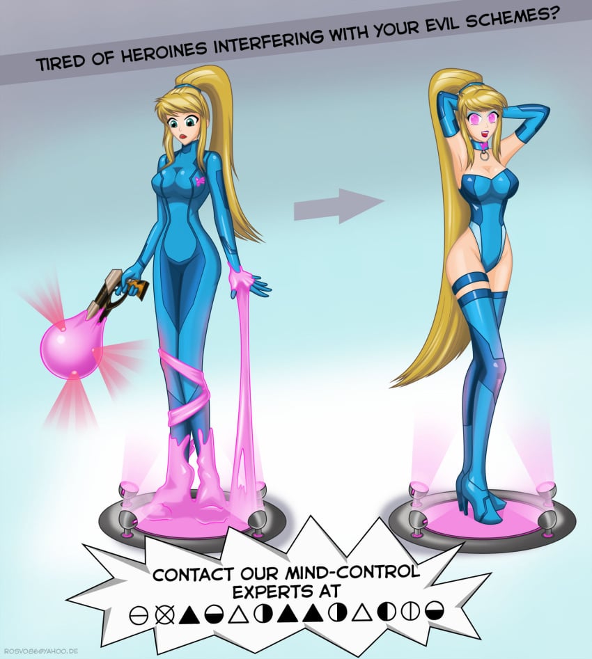 ad before_and_after bimbo blonde_hair brainwashing collar elbow_gloves english_text female female_only fully_clothed high_heels hypnosis identity_death latex leotard metroid mind_control nintendo revealing_clothes rosvo samus_aran shiny_clothes text thighhighs tight_clothing transformation transformation_sequence zero_suit zero_suit_samus