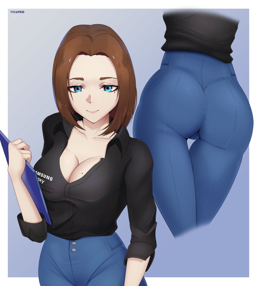 ass blue_eyes breasts brown_hair clothed female female_focus no_sex rn samsung samsung_sam short_hair tagme the_atko thighs