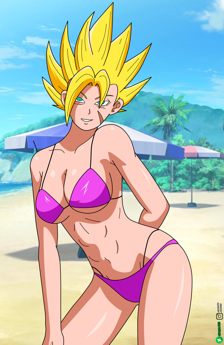 1girls beach beach_background big_breasts bikini cleavage dragon_ball dragon_ball_oc dragon_ball_super dragon_ball_z female_only luna_(oc) original_character pink_bikini saiyan saiyan_oc smile super_saiyan yellow_hair