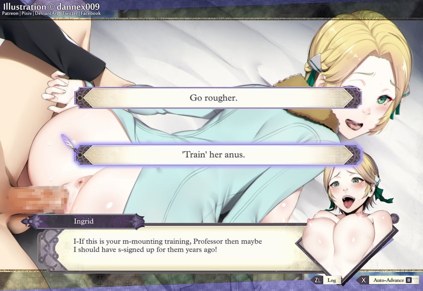 1boy 1girls ahegao anus arm_grab arm_support ass blonde_hair blush breasts breasts_out byleth_(fire_emblem) byleth_(fire_emblem)_(male) censored choice dannex009 decision dialogue dialogue_box english_text fire_emblem fire_emblem:_three_houses gameplay_mechanics green_eyes ingrid_brandl_galatea large_ass looking_back medium_breasts nintendo nipples on_bed open_mouth open_smile post-timeskip pussy pussy_juice saliva short_hair smile text text_box tongue_out unseen_male_face vaginal_penetration