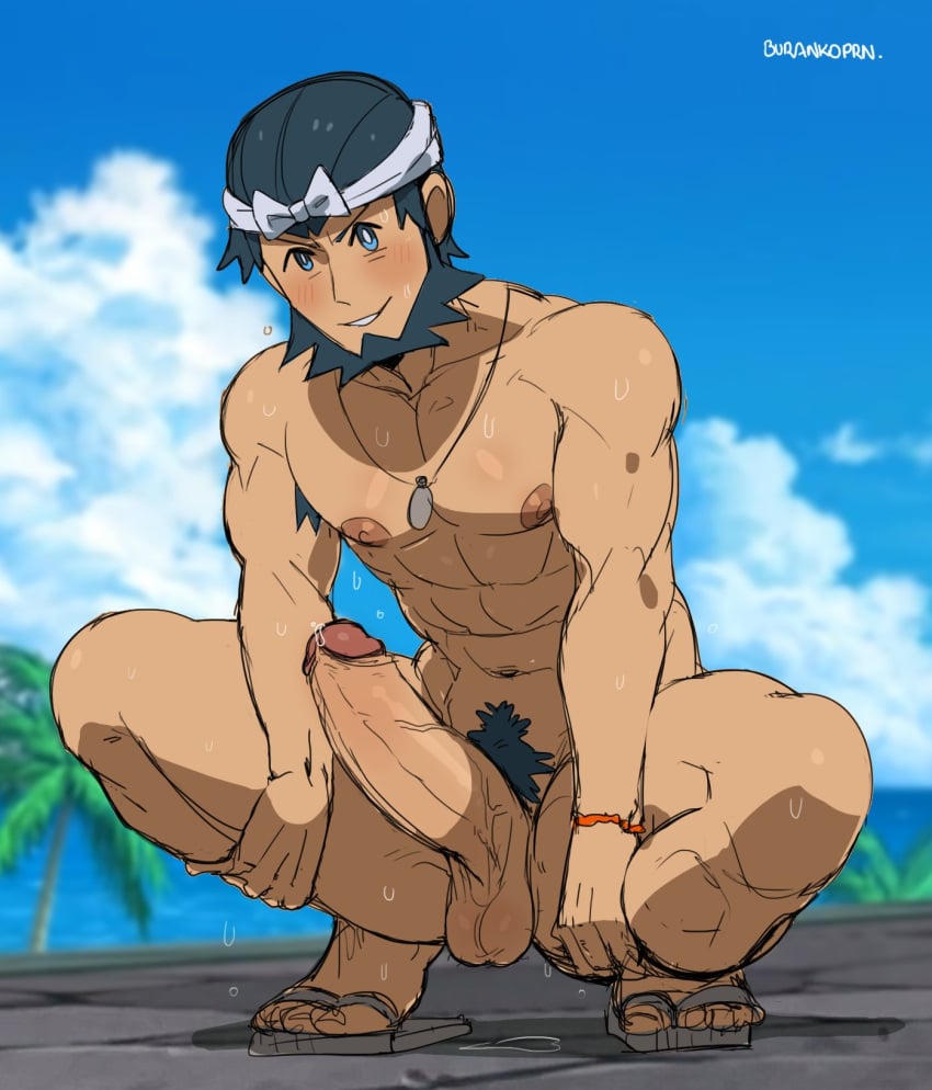 abs beach blue_eyes blue_hair blue_pubes blush buranko! burankoprn crouching erection foreskin headband lana's_father_(pokemon) looking_at_viewer male_only mob_face pokemon pokemon_sm pubes sandals showing_off showing_penis sweat sweaty