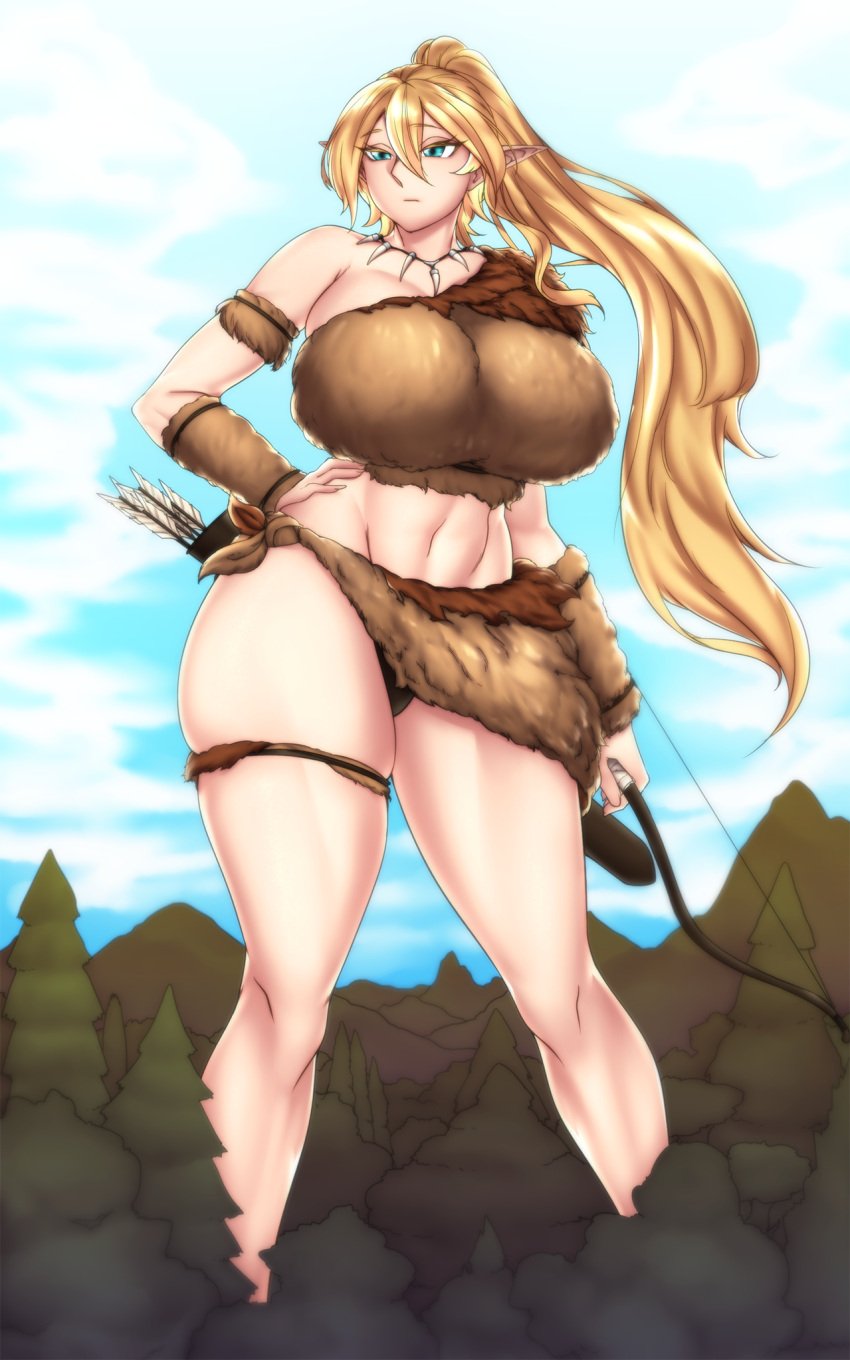 arrows barbarian blonde_hair blue_eyes bow_(weapon) bow_and_arrow elf elf_ears forest fur_bikini giantess hand_on_hip huge_breasts narinmakin outdoors pointy_ears ponytail tagme