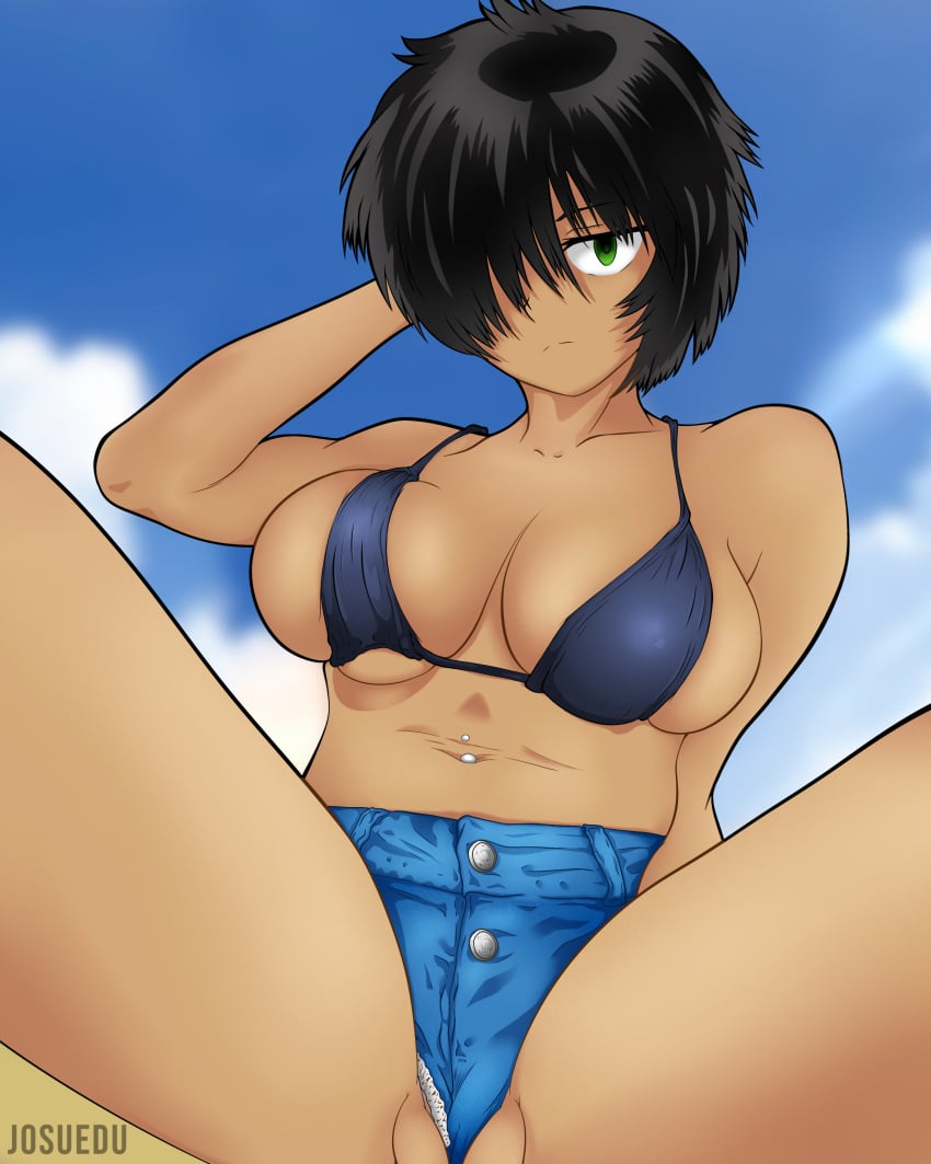 beach big_breasts bikini dark_skin green_eyes jean_shorts jeans josuedu large_breasts mysterious_girlfriend_x nazo_no_kanojo_x pale_skin short_hair side_view sideboob tan tanline urabe_mikoto