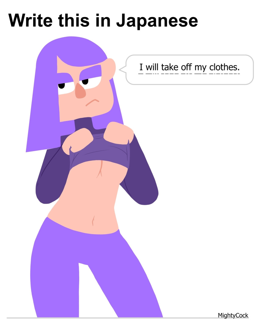 1girls accurate_art_style duolingo emo emo_girl english_text lily_(duolingo) mightycock no_outlines purple_hair shirt_lift solo text_bubble underboob