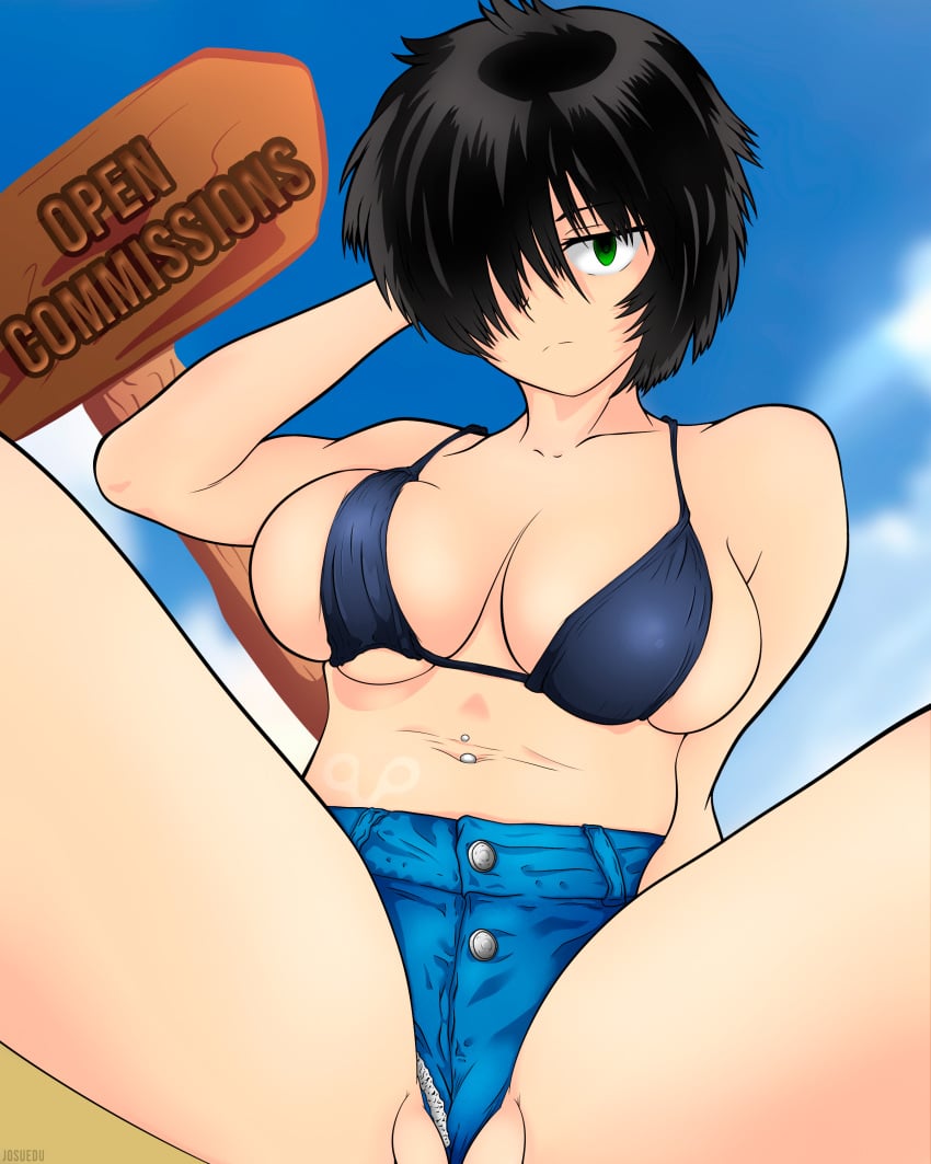 beach big_breasts bikini dark_skin green_eyes jean_shorts jeans josuedu large_breasts mysterious_girlfriend_x nazo_no_kanojo_x pale_skin short_hair side_view sideboob tan tanline urabe_mikoto