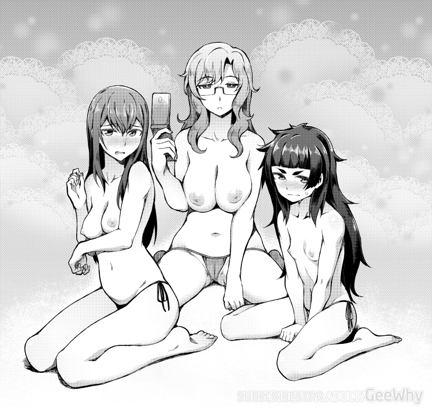 3girls beach big_breasts black_and_white blush blushing blushing_at_viewer breast_size_difference breasts breasts_out female female_focus female_only ghettoyouth hiyajou_maho kiryuu_moeka makise_kurisu medium_breasts monochrome multiple_girls size_comparison size_difference small_breasts steins;gate