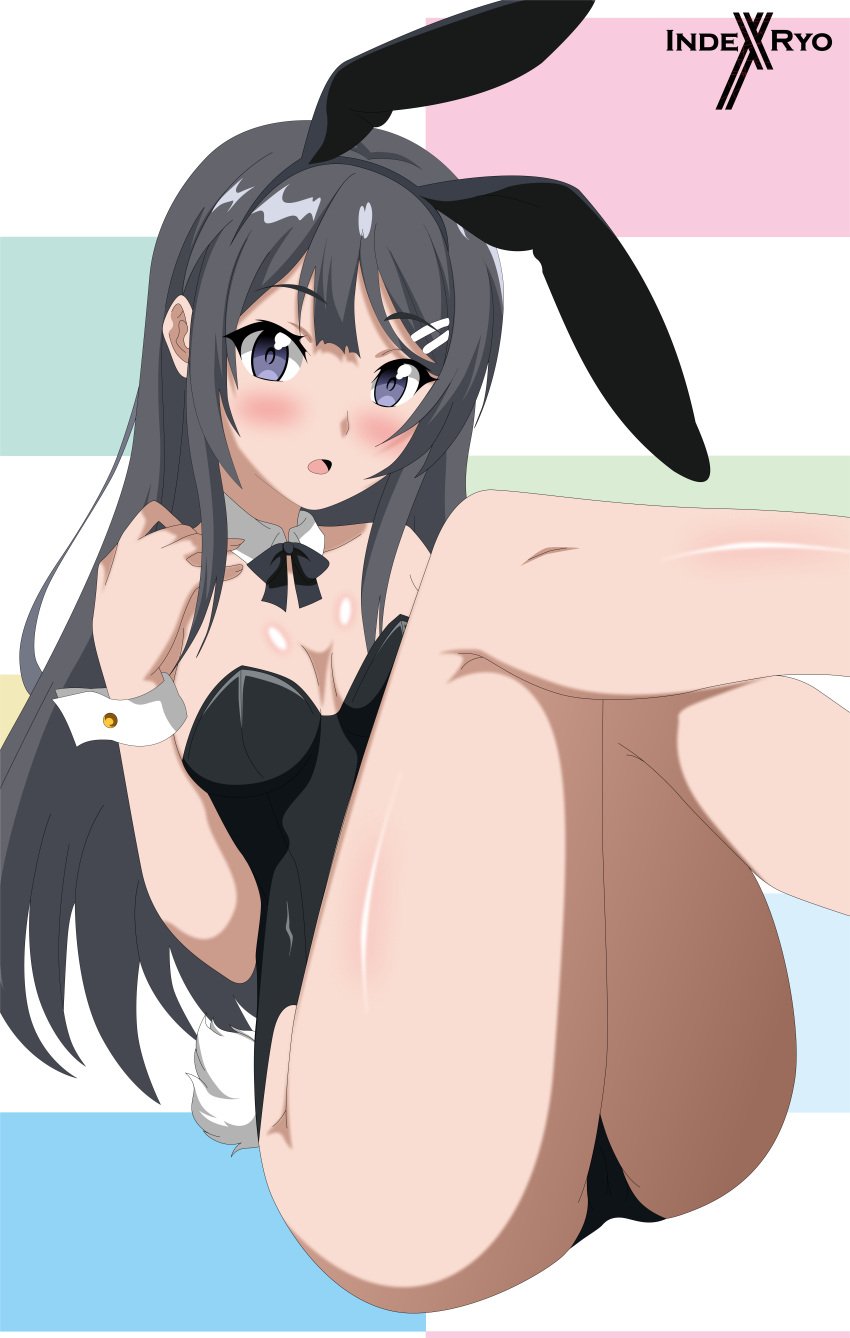 1girls blue_eyes blush bunny_ears bunnysuit grey_hair indexryo legs legs_up leotard long_hair looking_at_viewer sakurajima_mai seishun_buta_yarou_wa_bunny_girl_senpai_no_yume_wo_minai solo solo_female strapless_leotard wristband