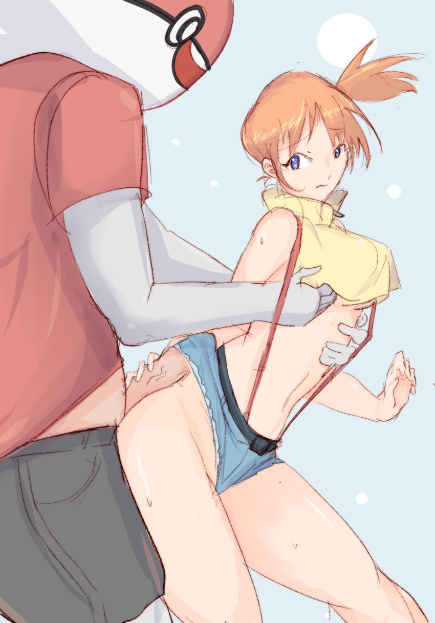 9_9bird ball_guy_(pokemon) blue_eyes breast_grab denim denim_shorts kasumi_(pokemon) orange_hair penis penis_grab pokemon pokemon_rgby red_hair short_shorts shorts suspenders veiny_penis