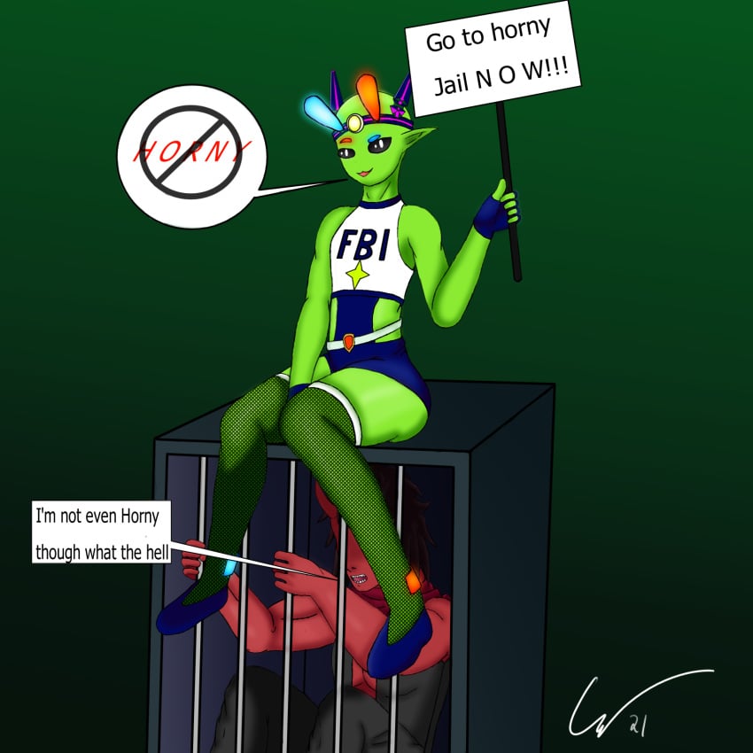 1boy adam_merdox_(draco_gatom) alien ambiguous_gender animation_meme_community black_sclera demon demon_boy demon_horns draco_gatom dracogatom_oc fbi female green_skin horny_jail horny_police jail_cell red_skin sploot_(unknownspy) text unknownspy