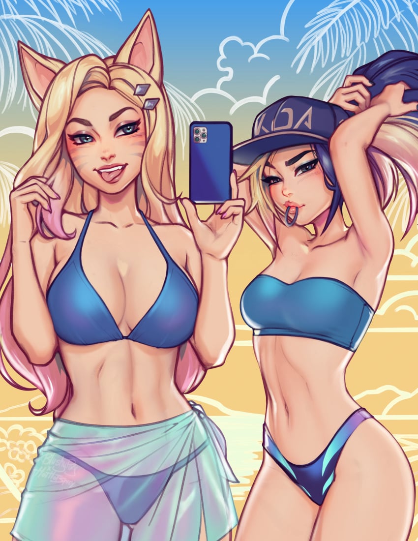 2girls absurdres ahri akali alternate_costume bikini black_hair blonde_hair blue_eyes blushypixy blushyspicy breast_size_difference breasts cap cleavage color female female_only hair_tie hair_tie_in_mouth hairpin height_difference highres hourglass_figure k/da_ahri k/da_akali k/da_series league_of_legends looking_at_viewer medium_breasts midriff multicolored_hair navel neck phone pink_hair ponytail selfie small_breasts smartphone smile strapless strapless_top strapless_topwear taking_selfie tongue_out tubetop