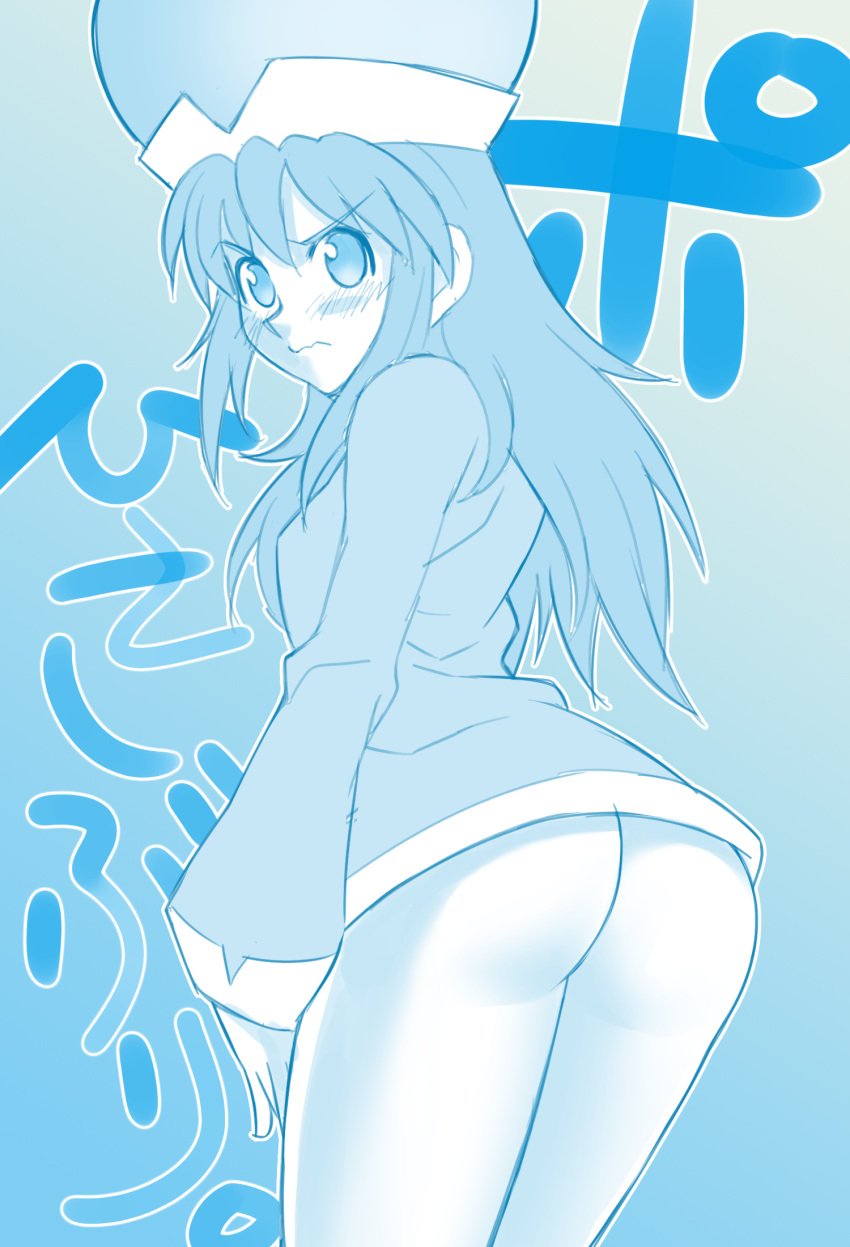 1girls ass ass_focus bent_over big_ass blush bottomless breasts embarrassed female female_only green_hair hat hoimin huge_ass human hunter hunter_x_hunter long_hair looking_at_viewer monochrome no_panties ponzu shounen_jump small_ass small_breasts solo standing tagme teenager thick_thighs thin_waist wide_hips