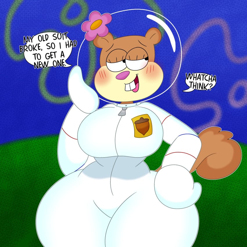 3barts anthro big_breasts black_eyes breasts buckteeth dialogue eyelashes flower looking_away looking_to_the_side mammal open_smile sandy_cheeks speech_bubble spongebob_squarepants squirrel straight_hair thick thick_thighs white_suit wide_hips zipper