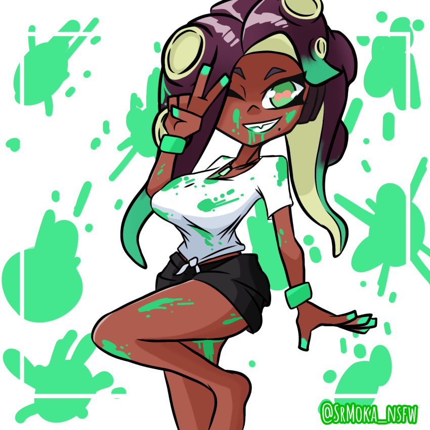 big_breasts dark-skinned_female dark_skin ink marina_(splatoon) nintendo octoling solo splatoon splatoon_2 srmoka tagme white_shirt