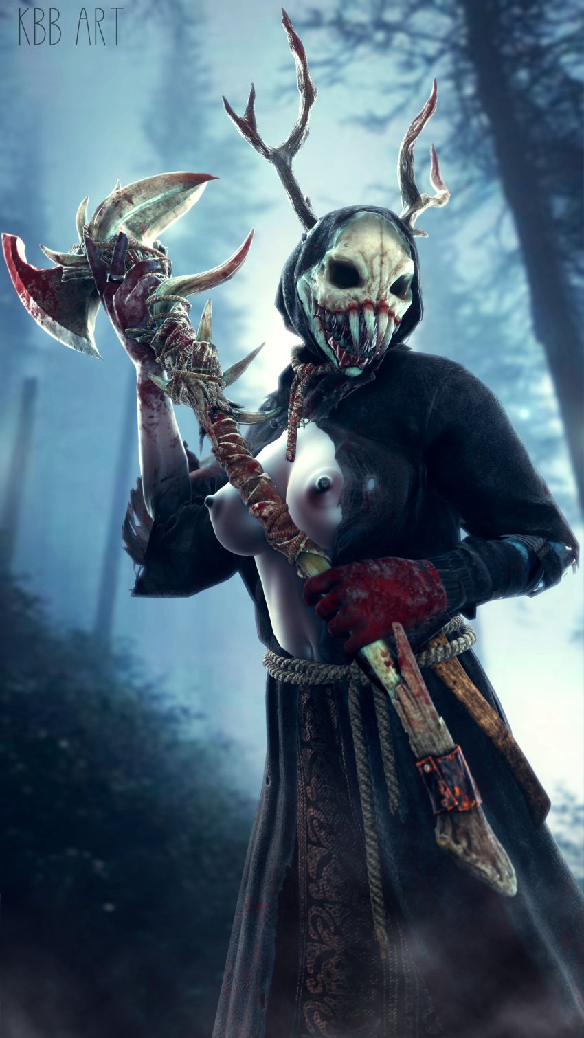 1girls 3d antlers areolae axe bare_breasts bare_chest big_breasts blood blood_on_hand breasts breasts_exposed breasts_out cleavage dead_by_daylight female female_only fog forest glove holding_weapon hood huntress huntress_(dead_by_daylight) kingbigballs monster monster_girl mordeo nipples outside partially_clothed rope sharp_teeth solo solo_female teeth the_huntress_(dead_by_daylight) watermark weapon