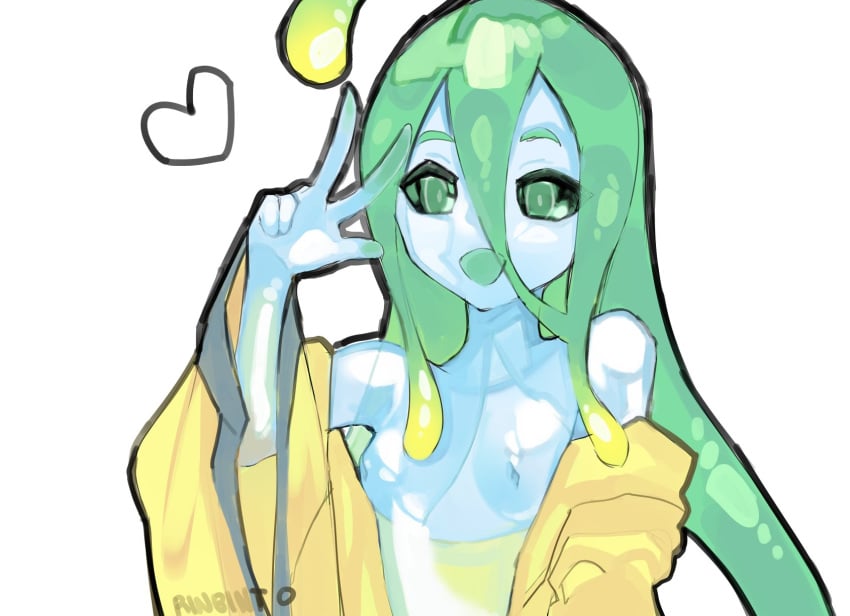 1girls 2021 ahoge artist_name blue_body breasts coat cute eyes_visible_through_hair female female_only green_eyes green_hair green_mouth hair_between_eyes happy heart highres inverted_nipples long_hair matching_hair/eyes monster_girl monster_musume_no_iru_nichijou nipples no_humans nude open_coat open_mouth rinbinto see-through see-through_body signature simple_background slime slime_girl small_breasts smile solo suu_(monster_musume) translucent translucent_body v white_background