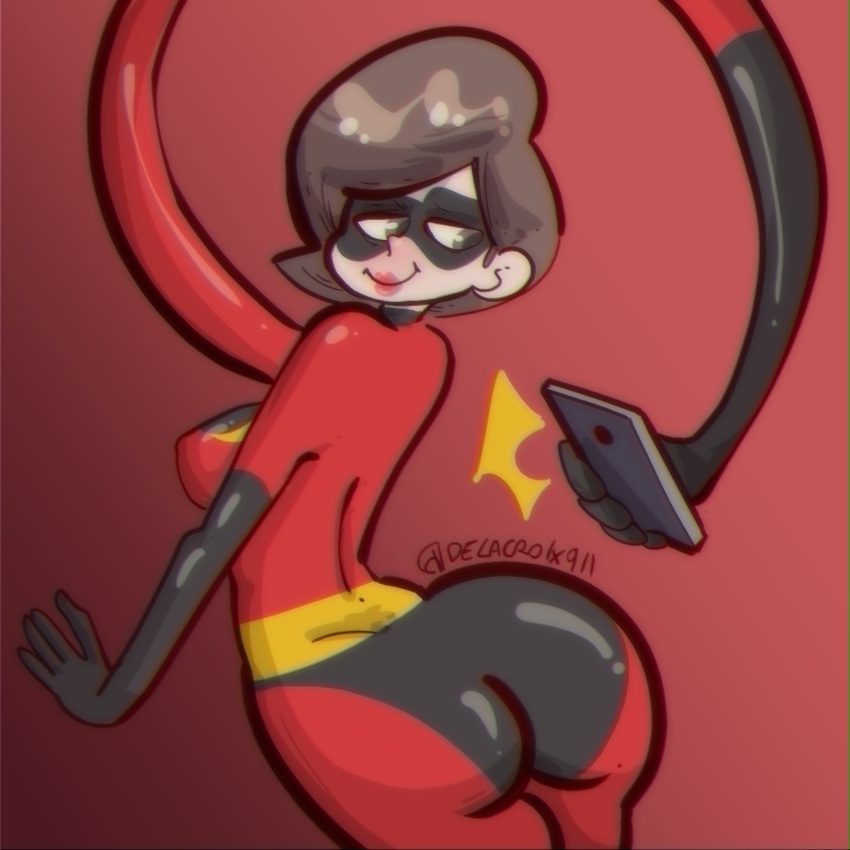 big_butt blush brown_hair butt costume delacroix911 disney elastic elastigirl helen_parr latex mask outfit phone pixar smile smooth_skin stretchy stretchy_arms superheroine tagme the_incredibles