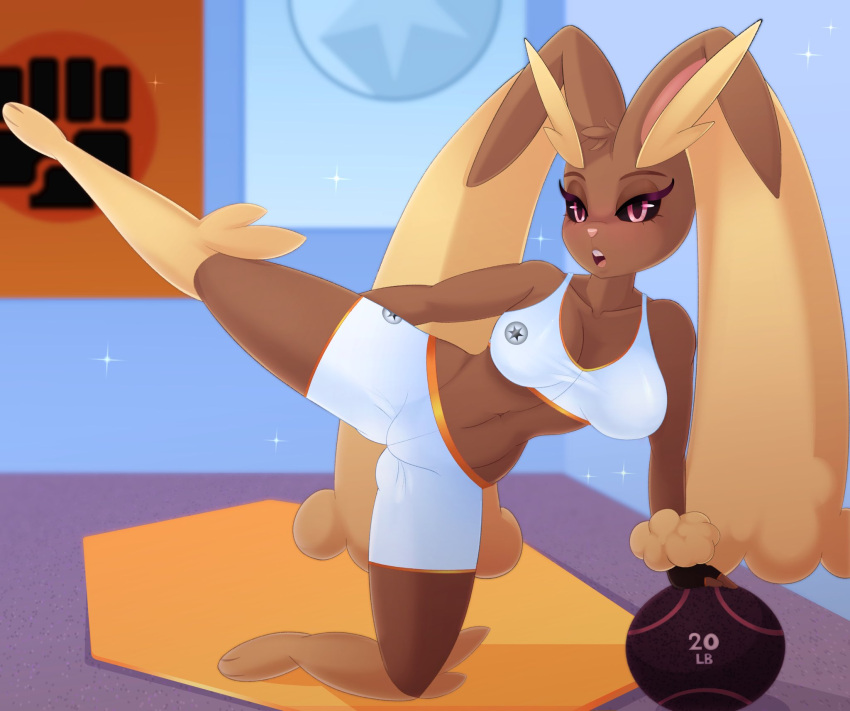 anthro anthrofied black_sclera breasts buckteeth cleavage clothed clothing eyebrows eyelashes female hi_res lagomorph long_ears looking_at_viewer lopunny nintendo pink_eyes pink_nose pokémon_(species) pokemon pokemon_(species) raised_leg solo spicyredfox workout yoga