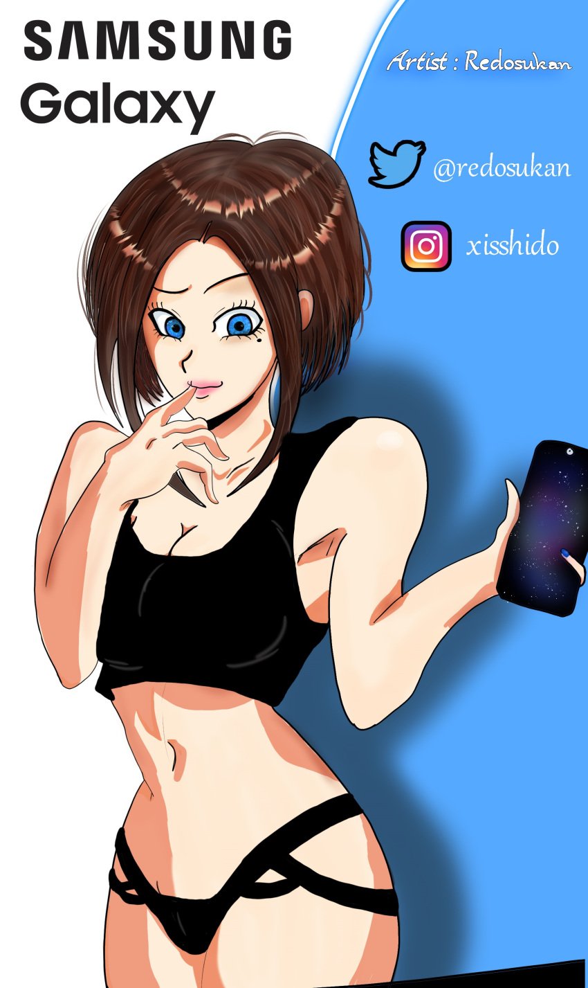 blue_eyes brown_hair busty pose posing redosukan samsung samsung_galaxy samsung_sam short_hair